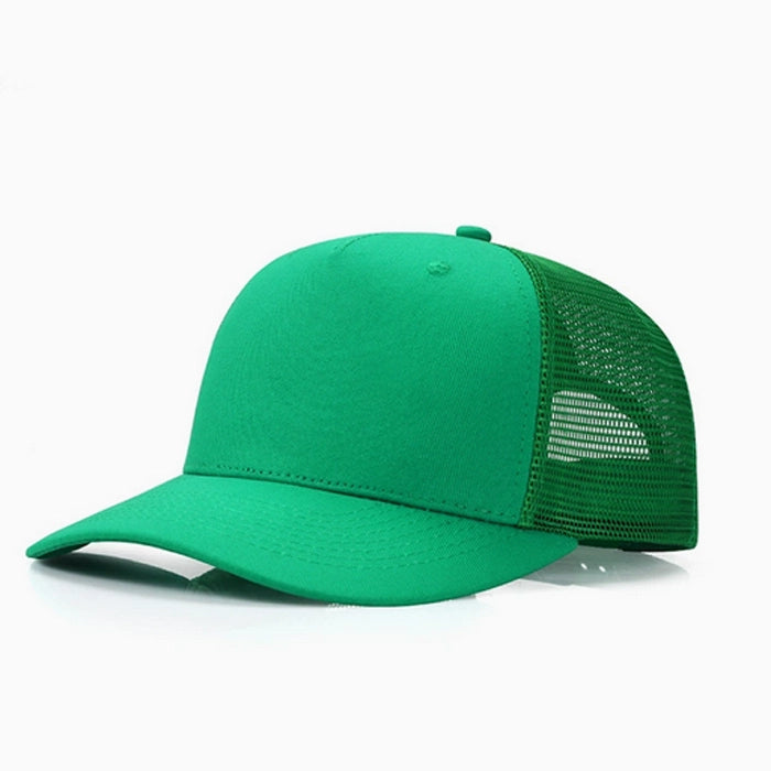 Vibrant green trucker cap with breathable mesh back, perfect for outdoor activities.