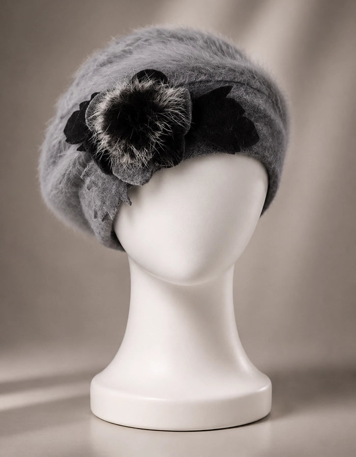 Grey angora wool beret with black flower accent for women winter outfits