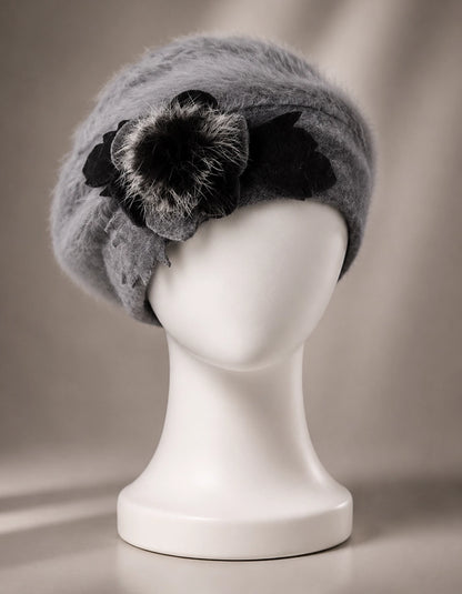 Grey angora wool beret with black flower accent for women winter outfits