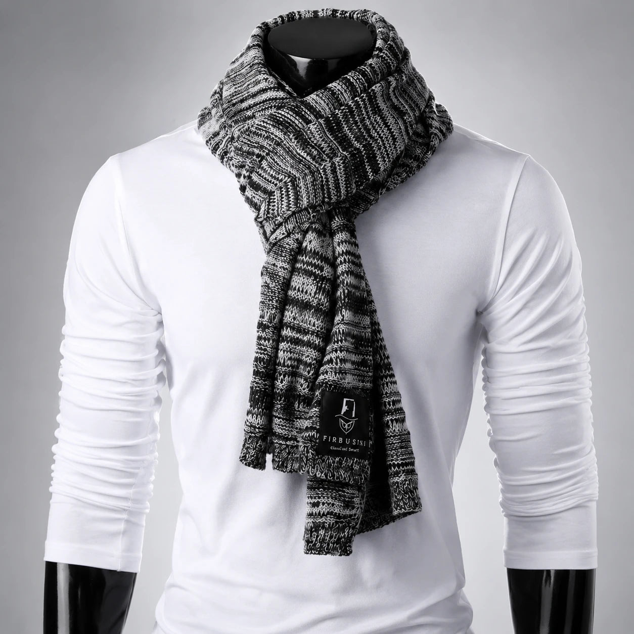Grey and black knit scarf for men and women, soft warm winter long wrap scarf, stylish minimalist fashion accessory for cold weather outfits