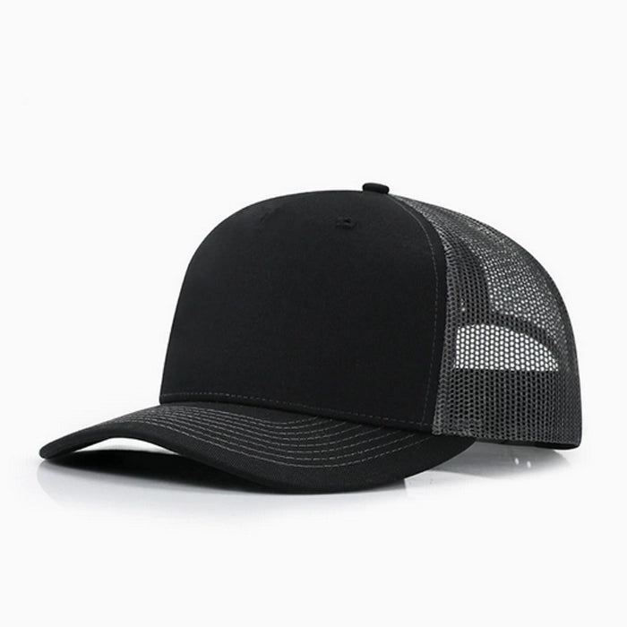 Grey and black trucker cap with adjustable fit, perfect for streetwear enthusiasts.