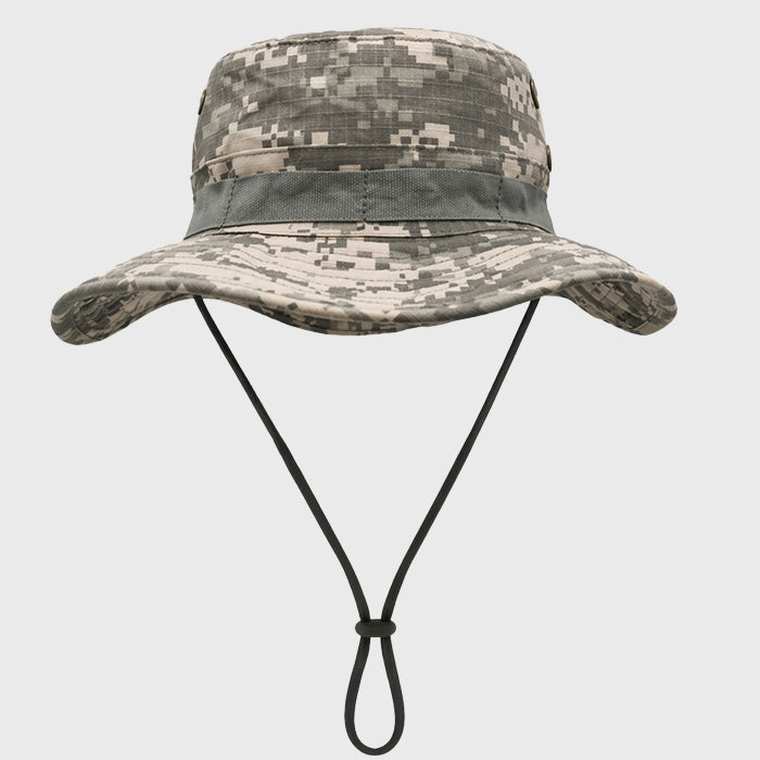 Grey digital camo boonie hat, made from cotton ripstop fabric. A classic army-style military bucket hat for men and women, perfect for fishing, hiking, and jungle expeditions.