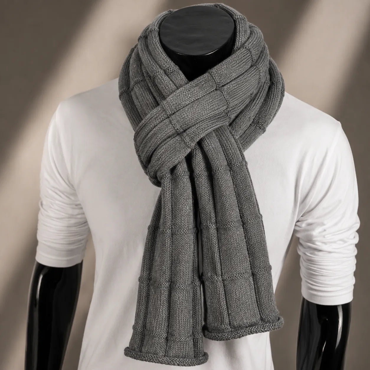 Grey knit scarf for men and women, soft warm winter scarf, everyday essential accessory for cold weather layering, minimalist and versatile fashion styling