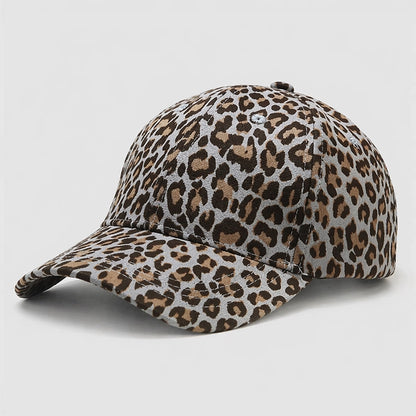 Grey leopard print baseball cap with wild animal design. Perfect for casual outings with an adjustable fit.