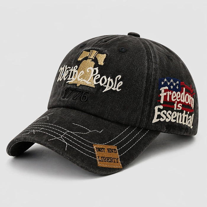 Grey Patriotic Baseball Cap with "Freedom is Essential" Embroidery, Adjustable Fit, 1776 USA Dad Hat