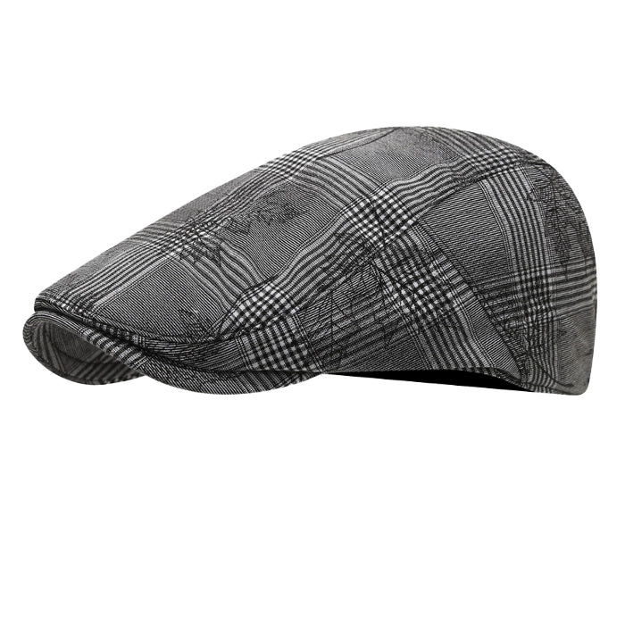 Grey plaid ivy cap with adjustable fit, featuring a subtle textured checkered design, ideal for casual and vintage-style outfits.