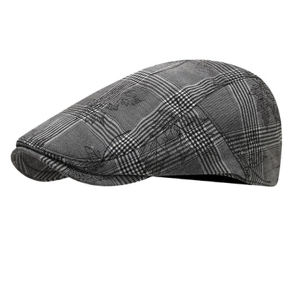 Grey plaid ivy cap with adjustable fit, featuring a subtle textured checkered design, ideal for casual and vintage-style outfits.