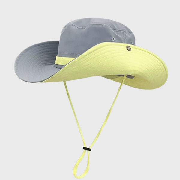 grey camping bucket hat with UV protection, quick-dry fabric, and adjustable chin strap for outdoor adventures.
