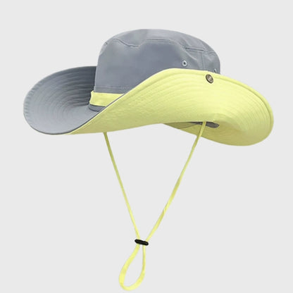 grey camping bucket hat with UV protection, quick-dry fabric, and adjustable chin strap for outdoor adventures.