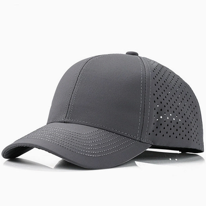 Grey quick-dry casual baseball hat, lightweight and breathable with perforated panels, perfect for warm weather sports and casual outings.