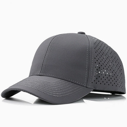 Grey quick-dry casual baseball hat, lightweight and breathable with perforated panels, perfect for warm weather sports and casual outings.