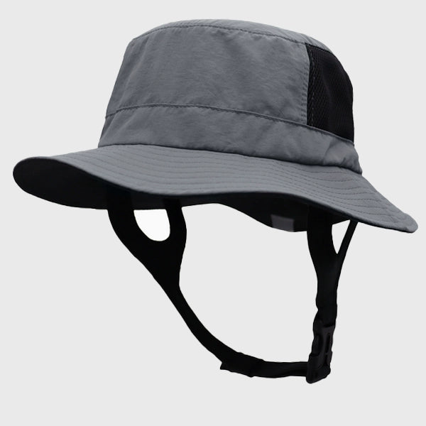 Grey surf bucket hat offering UPF 50+ UV protection, designed for surfing and water sports. Lightweight and breathable for ultimate sun protection.