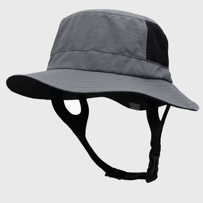Grey surf bucket hat offering UPF 50+ UV protection, designed for surfing and water sports. Lightweight and breathable for ultimate sun protection.
