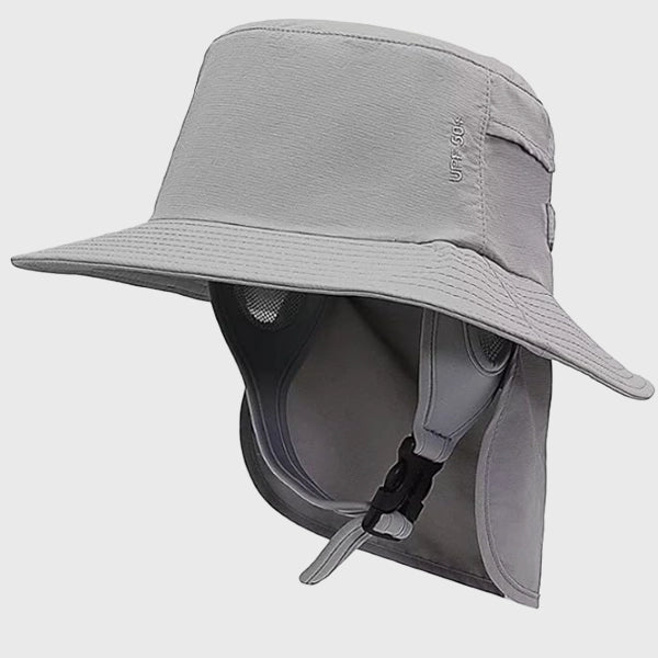 Grey fishing bucket hat with UPF 50+ UV protection, perfect for hiking, water sports, and outdoor adventures. Adjustable chin strap for comfort.