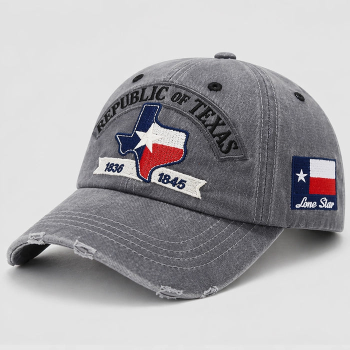 Grey Texas Republic Baseball Cap with Embroidered Texas Flag and Lone Star, 1836-1845 Design