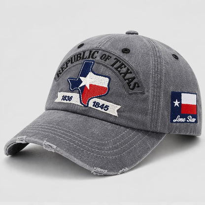Grey Texas Republic Baseball Cap with Embroidered Texas Flag and Lone Star, 1836-1845 Design