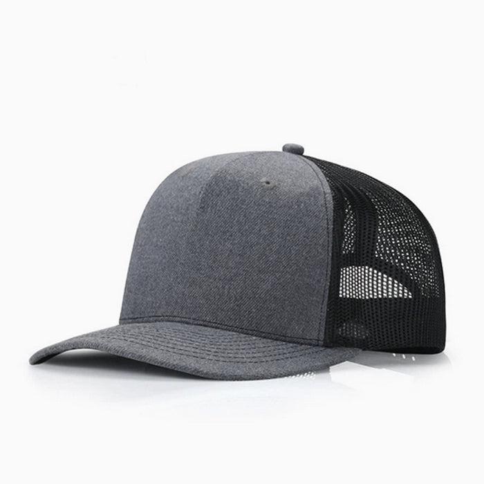 Sleek grey trucker cap with breathable mesh back, perfect for all-season wear.