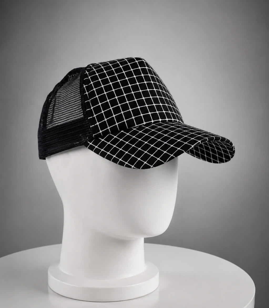 Black mesh trucker hat side angle breathable design