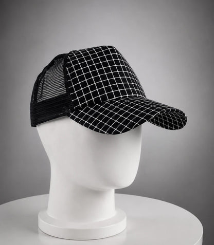 Black mesh trucker hat side angle breathable design