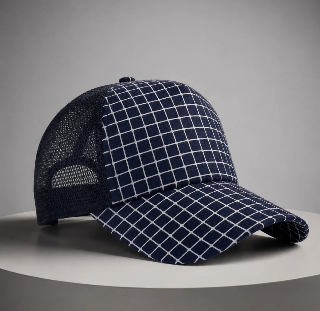 Navy grid snapback hat minimal streetwear aesthetic