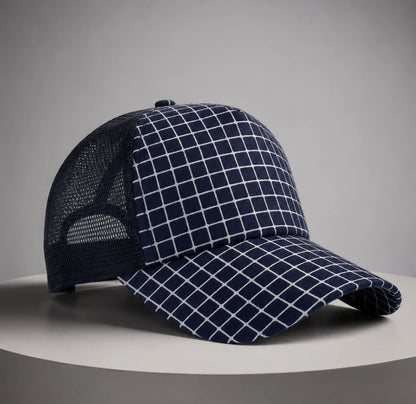 Navy grid snapback hat minimal streetwear aesthetic