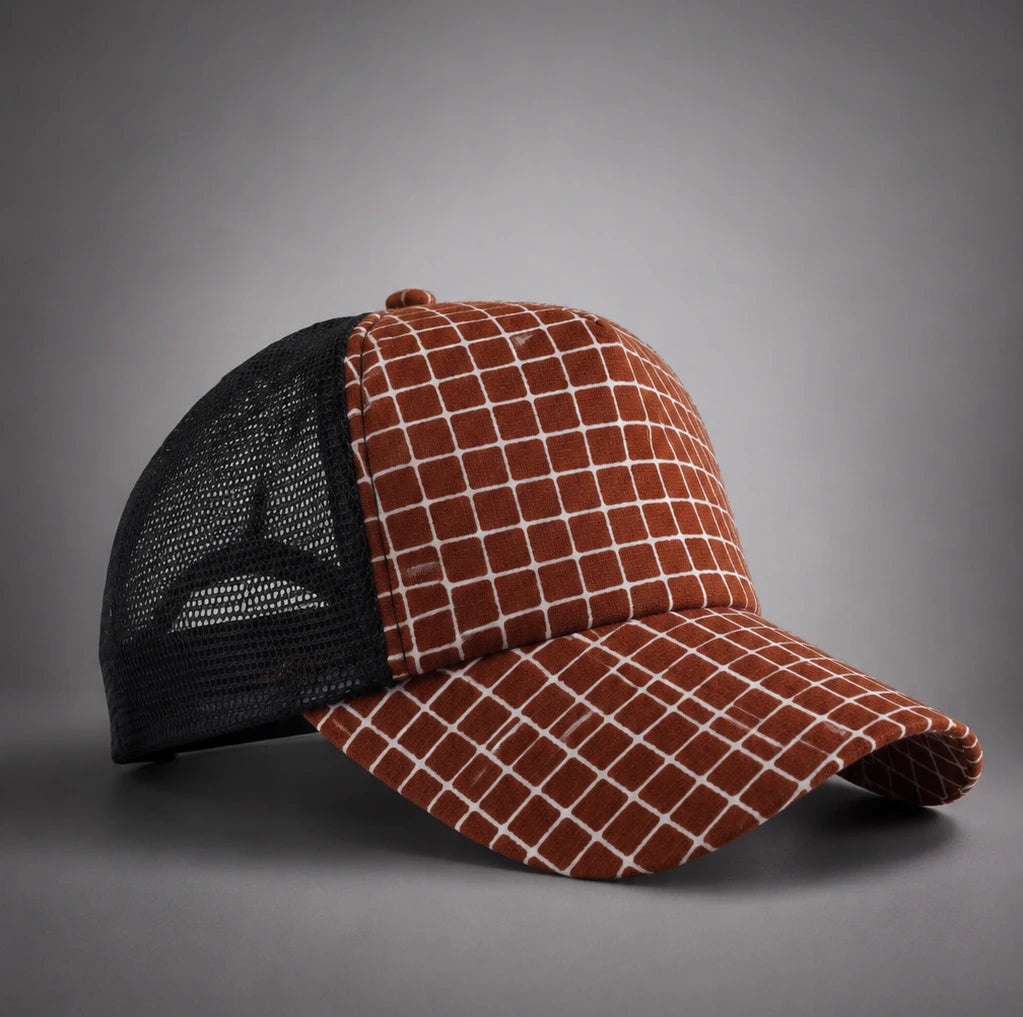 Close up rust grid pattern trucker hat FORBUSITE