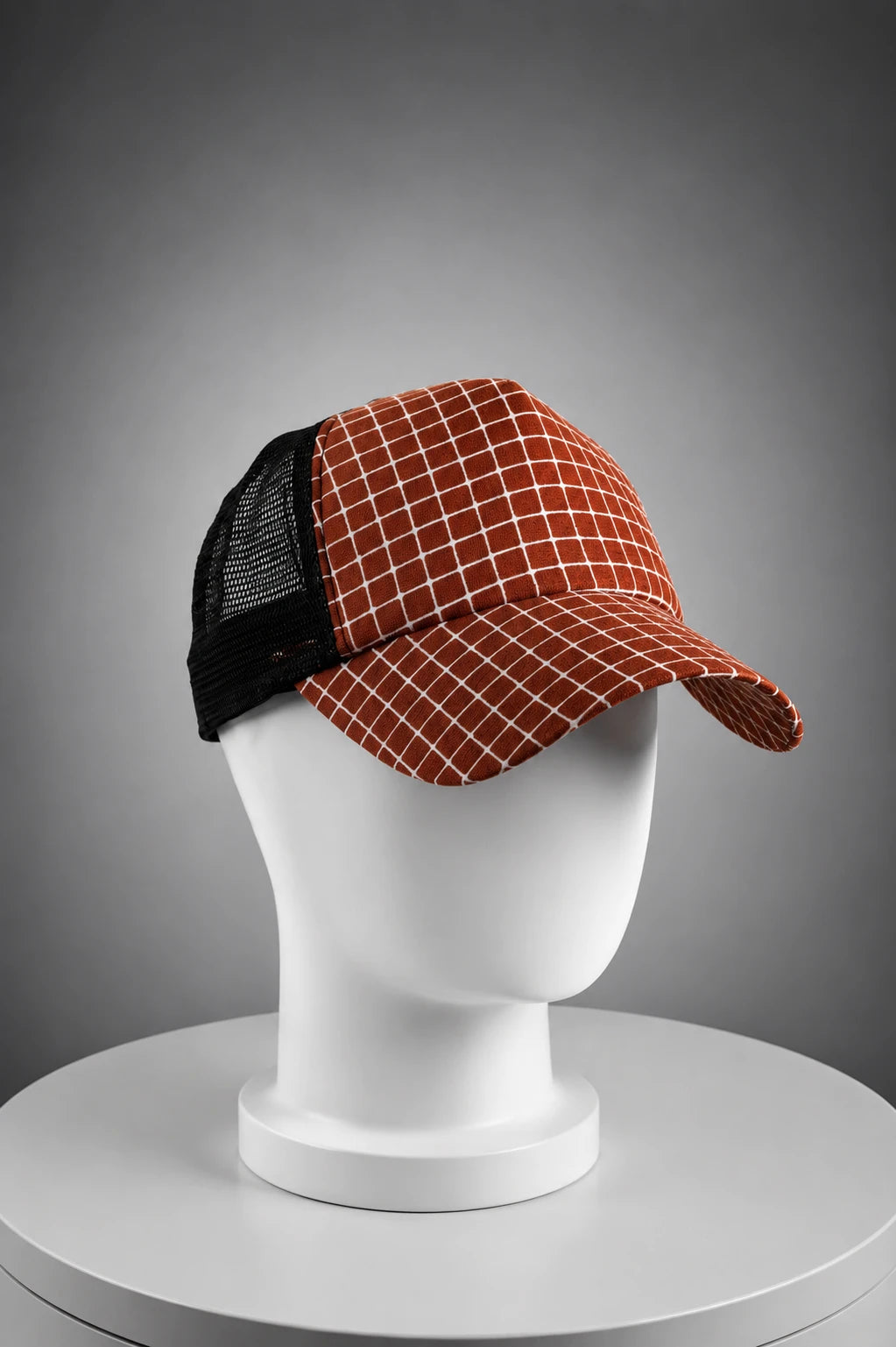 Rust grid trucker hat front view urban streetwear cap