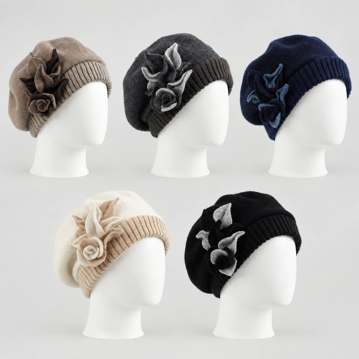 Five floral berets in taupe, charcoal gray, navy, cream and black