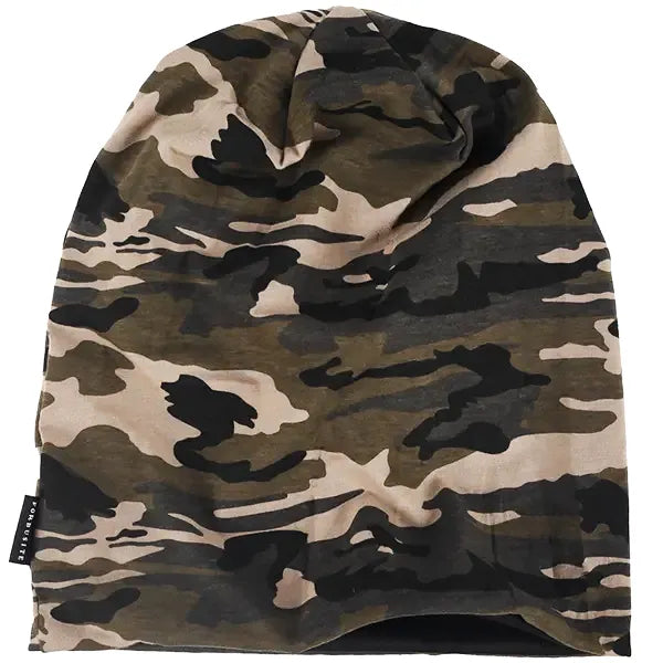 Khaki brown camouflage beanie hat, unisex cotton slouchy beanie with soft breathable fabric for everyday wear