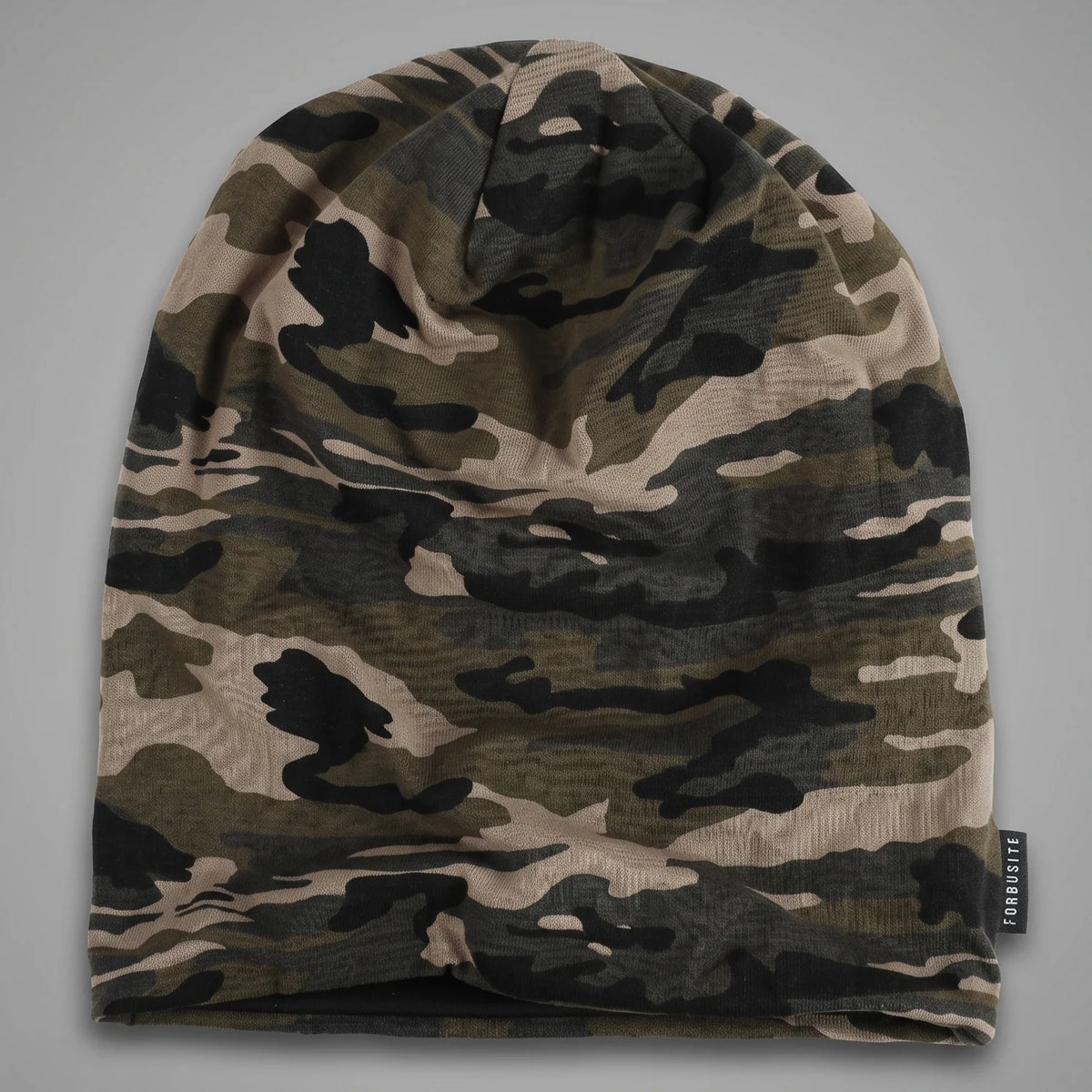 Khaki brown camo slouchy beanie laid flat with a flexible slouchy crown