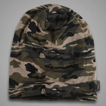 Khaki brown camo slouchy beanie laid flat with a flexible slouchy crown