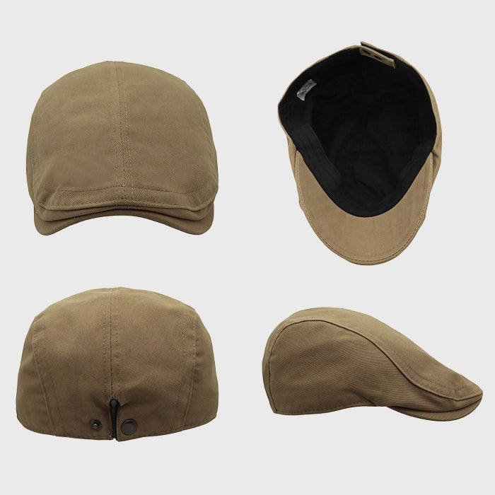 Side view of a khaki flat cap with an Ivy cap design, made from breathable cotton fabric. Ideal for a polished, casual look in any season.