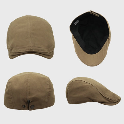 Side view of a khaki flat cap with an Ivy cap design, made from breathable cotton fabric. Ideal for a polished, casual look in any season.
