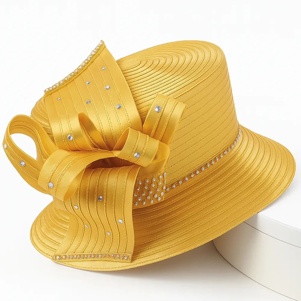 Elegant gold church hat with rhinestone bow detail on white turntable, perfect for women’s Sunday service or formal events