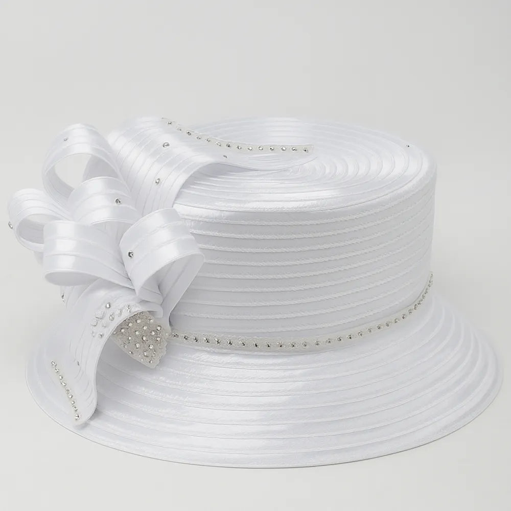 Elegant white church hat with rhinestone bow detail on white turntable, perfect for women’s Sunday service or formal events