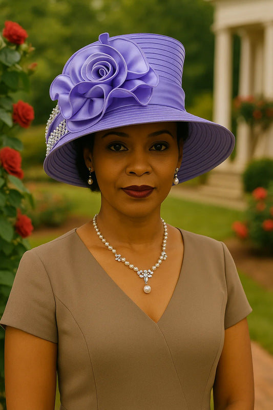 Elegant lavender satin rose church hat with rhinestone detailing worn by an African-American woman in a taupe dress, ideal for Sunday service or formal gatherings.