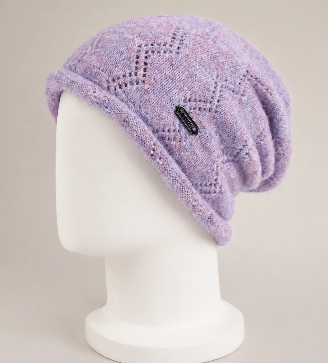 Lavender rolled-edge slouchy beanie showing relaxed rear drape