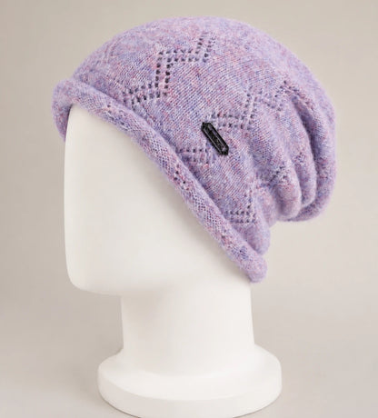 Lavender rolled-edge slouchy beanie showing relaxed rear drape