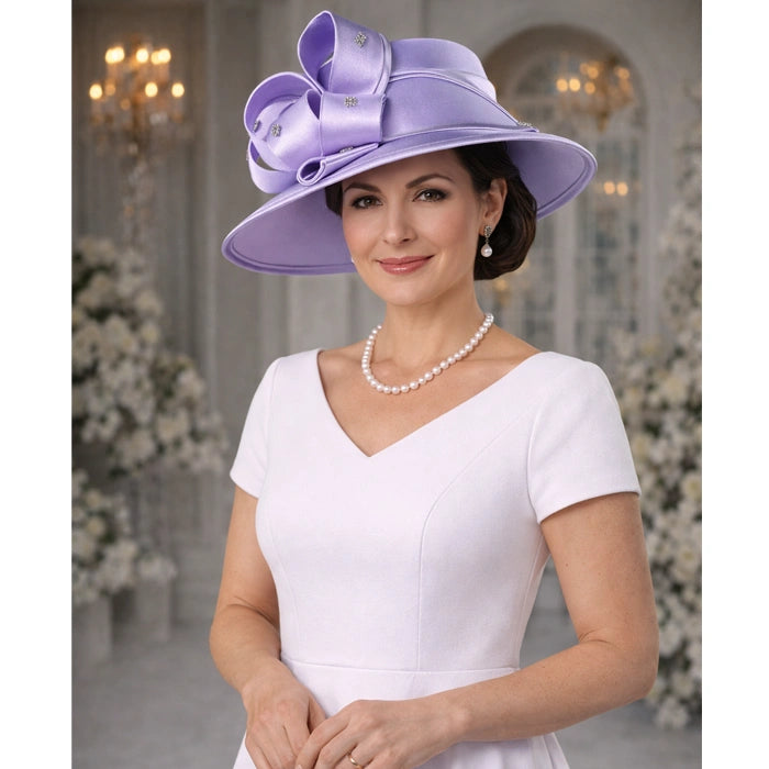 Lavender satin elegant church hat with crystal embellishments, perfect for garden parties and weddings.