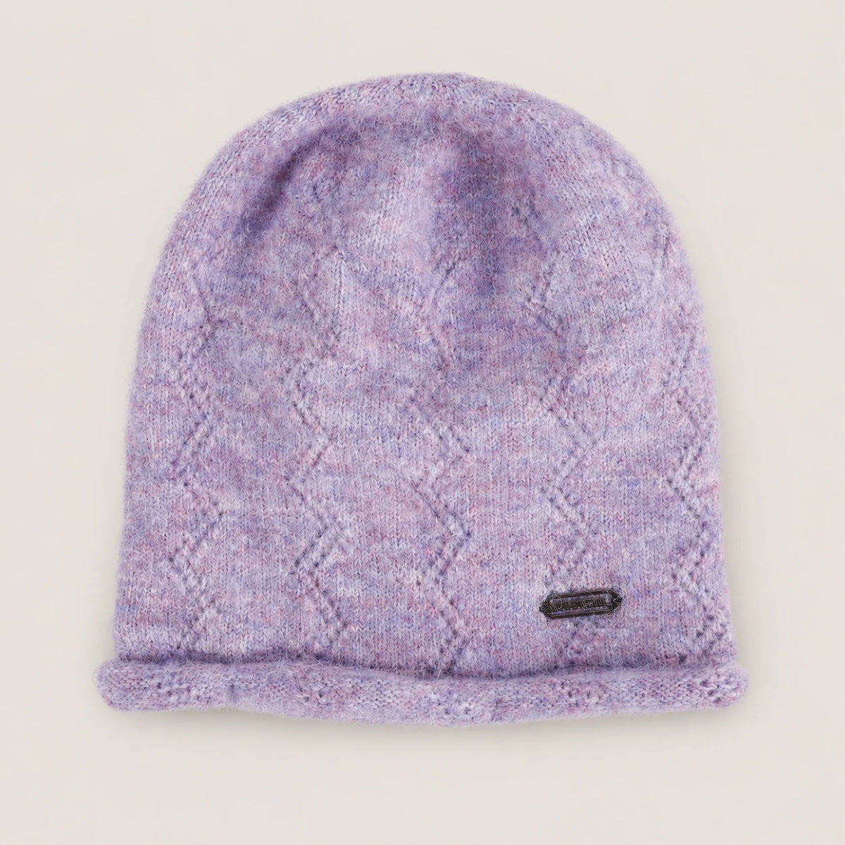 Lavender women’s slouchy beanie with fleece lining and diamond knit