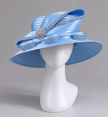 Light blue church hat with rhinestone embellishments, luxury Sunday or Derby hat for women by FORBUSITE.