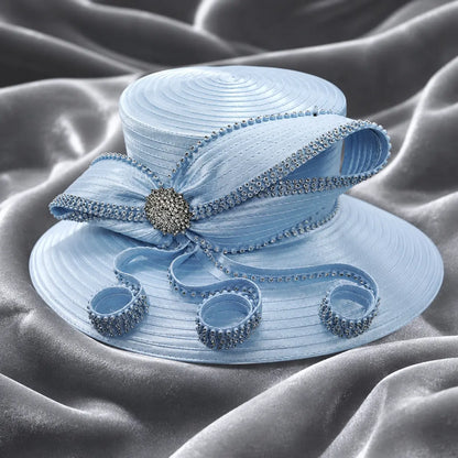 Front view of light blue church hat with sparkling rhinestones, stylish women’s Easter or Sunday hat.
