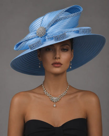 Woman wearing light blue church hat with rhinestone loops, perfect for Sunday service or formal events.