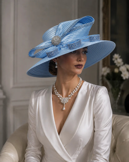 Side view of light blue church hat with rhinestone bow and loops, luxury Derby and Sunday hat for women.