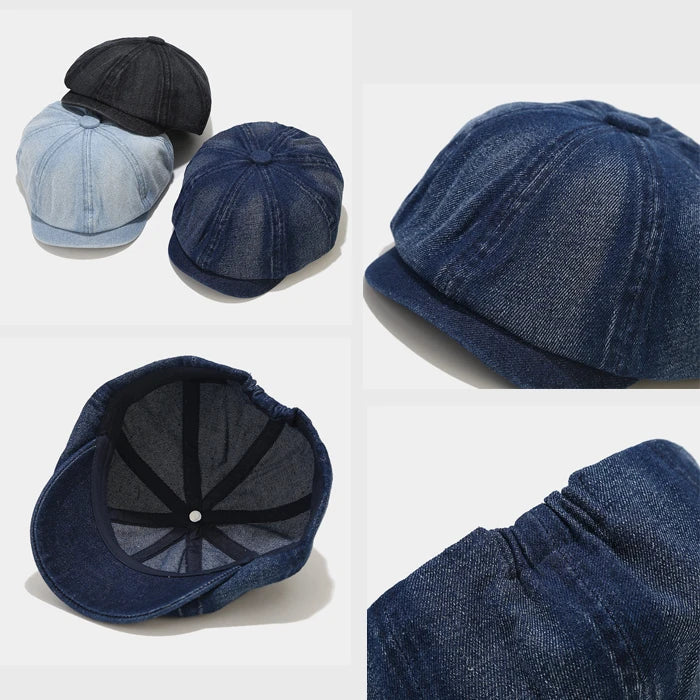 Close-up of light blue denim Newsboy cap showing the fine detailing and soft, breathable fabric, a perfect addition to your casual wardrobe.