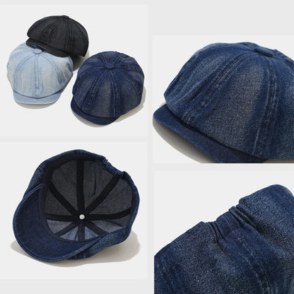 Close-up of light blue denim Newsboy cap showing the fine detailing and soft, breathable fabric, a perfect addition to your casual wardrobe.