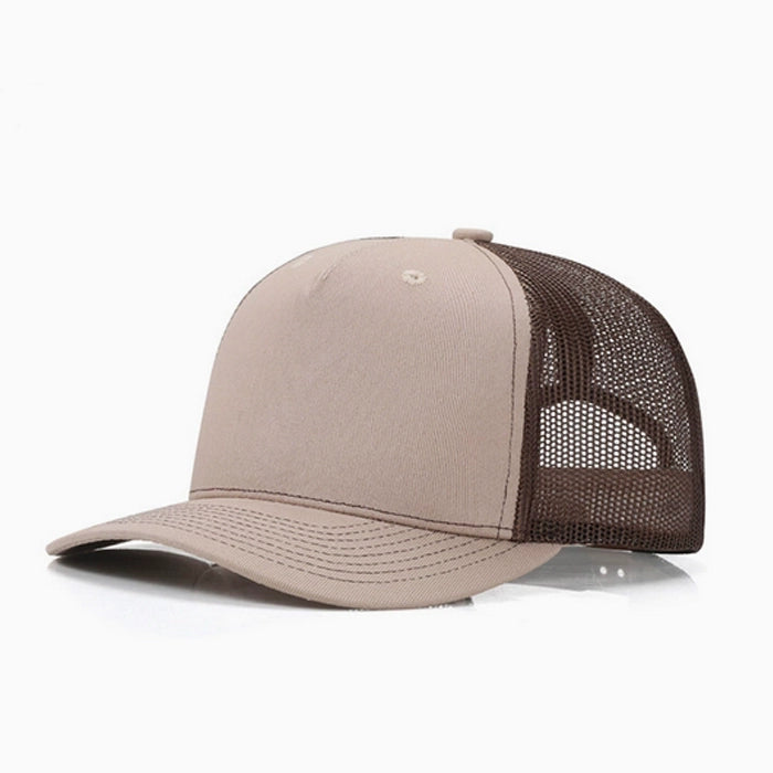 Stylish light brown trucker cap with mesh back, perfect for casual and outdoor settings.
