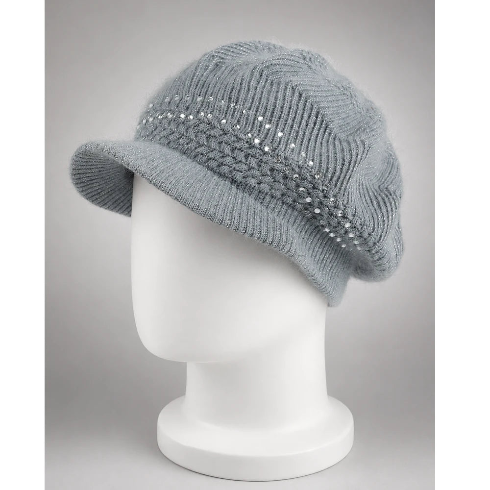 Light gray women’s knit visor beanie with sequin trim on a white mannequin