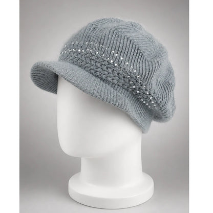 Light gray women’s knit visor beanie with sequin trim on a white mannequin
