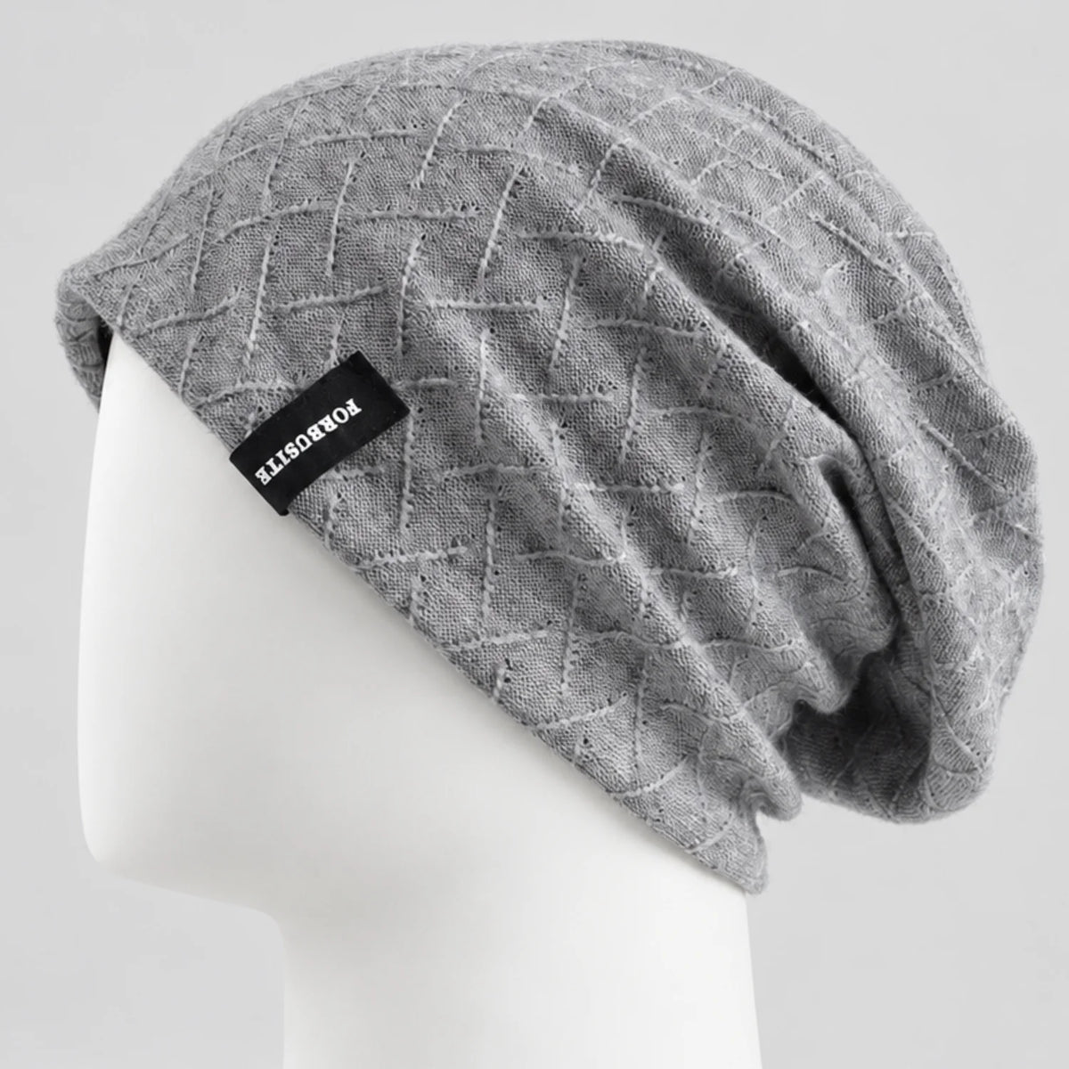 Light gray textured slouchy beanie with a relaxed long fit